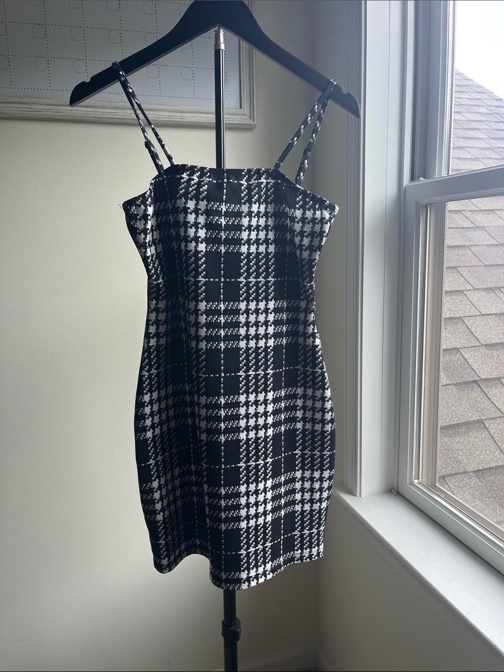 SHEIN Black & White Plaid Spaghetti Strap Mini Dress
